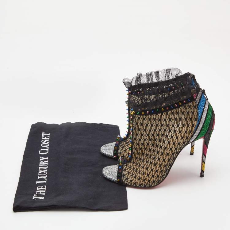 Pre Owned Christian Louboutin Multicolor Mesh and Lace Juliettra Ankle Boots Size 37