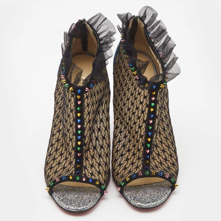 Pre Owned Christian Louboutin Multicolor Mesh and Lace Juliettra Ankle Boots Size 37