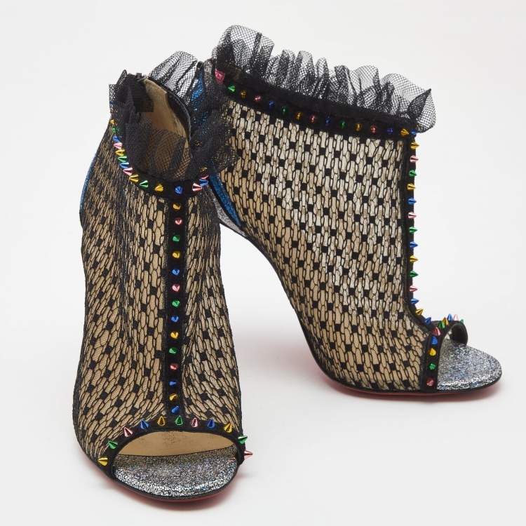 Pre Owned Christian Louboutin Multicolor Mesh and Lace Juliettra Ankle Boots Size 37