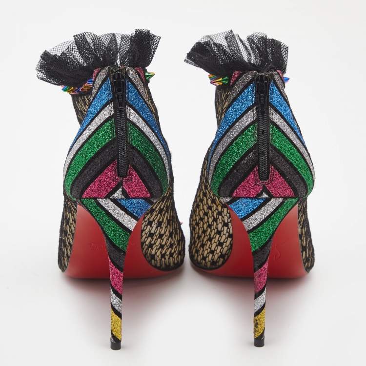Pre Owned Christian Louboutin Multicolor Mesh and Lace Juliettra Ankle Boots Size 37