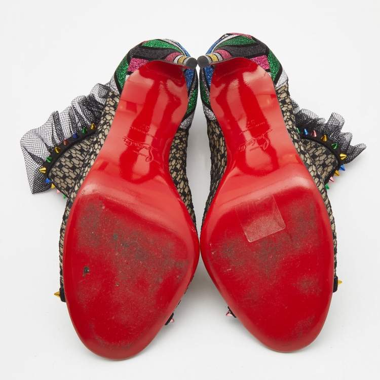 Pre Owned Christian Louboutin Multicolor Mesh and Lace Juliettra Ankle Boots Size 37