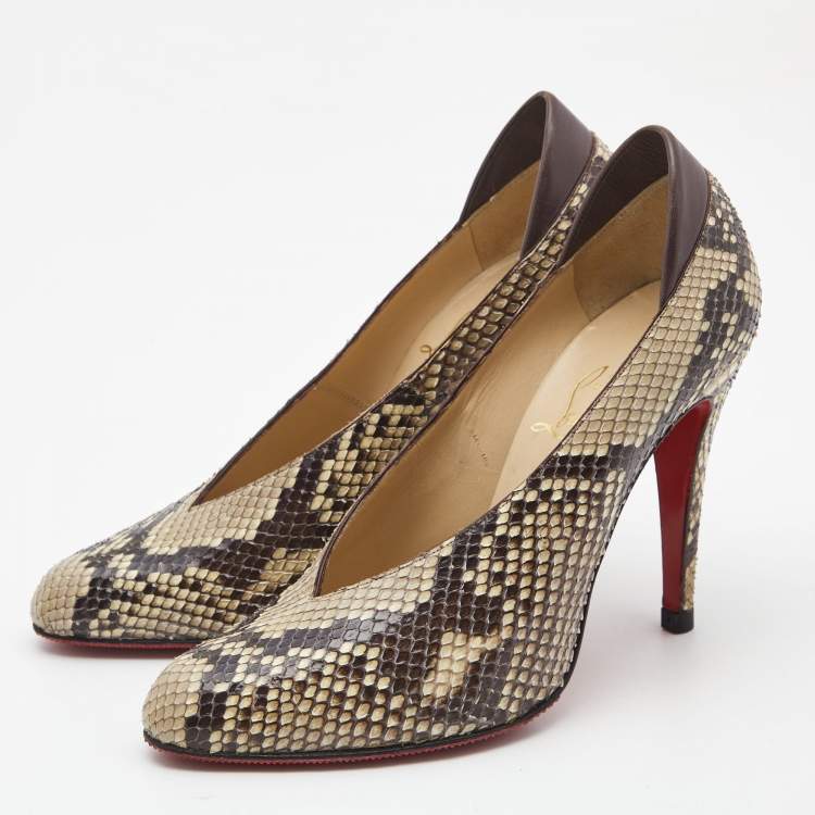 Pre Owned Christian Louboutin Beige/Brown Python Pumps Size 38.5