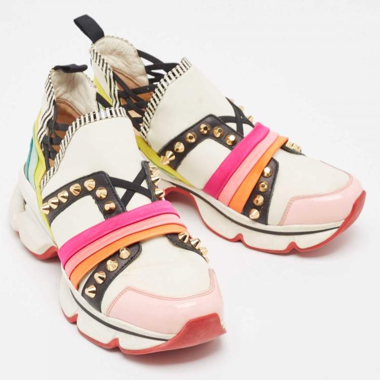 Pre Owned Christian Louboutin Multicolor Neoprene and Leather 123 Run Rainbow Sneakers Size 37