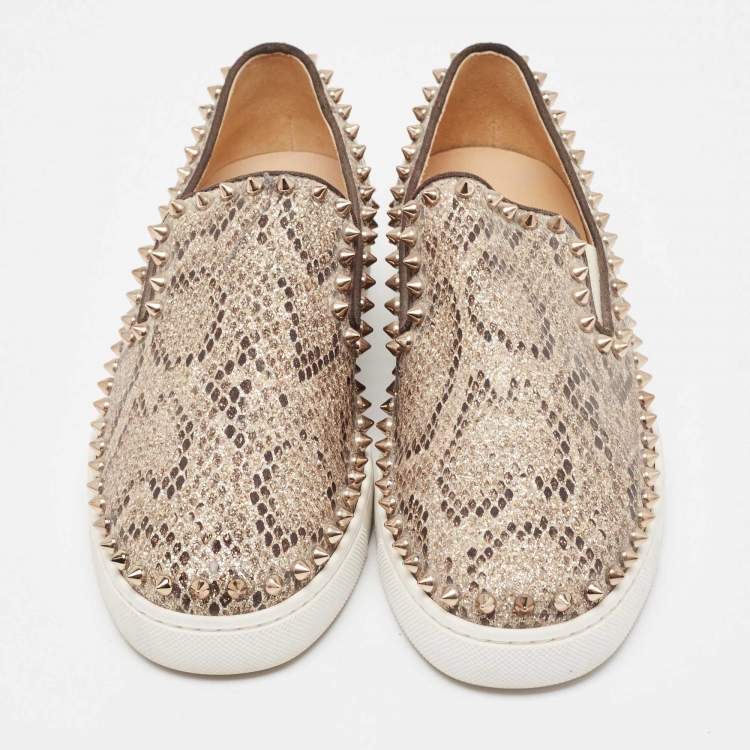Pre Owned Christian Louboutin Two Tone Python Print Glitter Pik Boat Sneakers Size 38