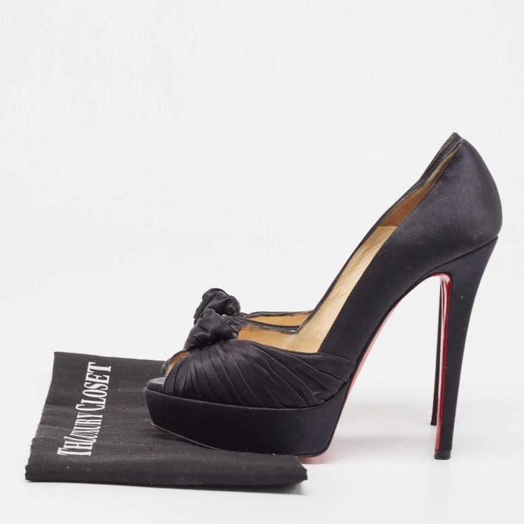 Pre Owned Christian Louboutin Black Knotted Satin Peep Toe Platform Pumps Size 37