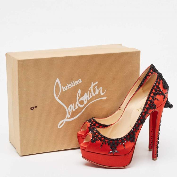 Pre Owned Christian Louboutin Red/Black Satin Torero Peep Toe Platform Pumps Size 36