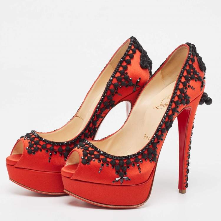 Pre Owned Christian Louboutin Red/Black Satin Torero Peep Toe Platform Pumps Size 36