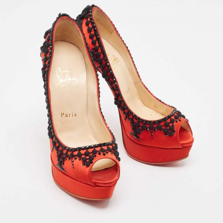 Pre Owned Christian Louboutin Red/Black Satin Torero Peep Toe Platform Pumps Size 36