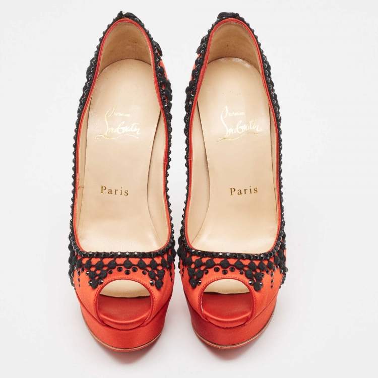 Pre Owned Christian Louboutin Red/Black Satin Torero Peep Toe Platform Pumps Size 36