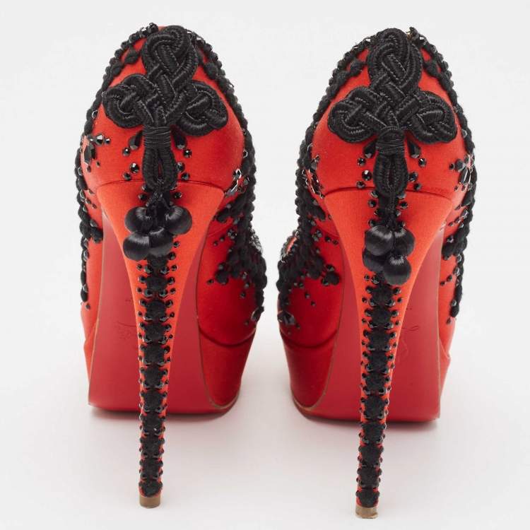 Pre Owned Christian Louboutin Red/Black Satin Torero Peep Toe Platform Pumps Size 36