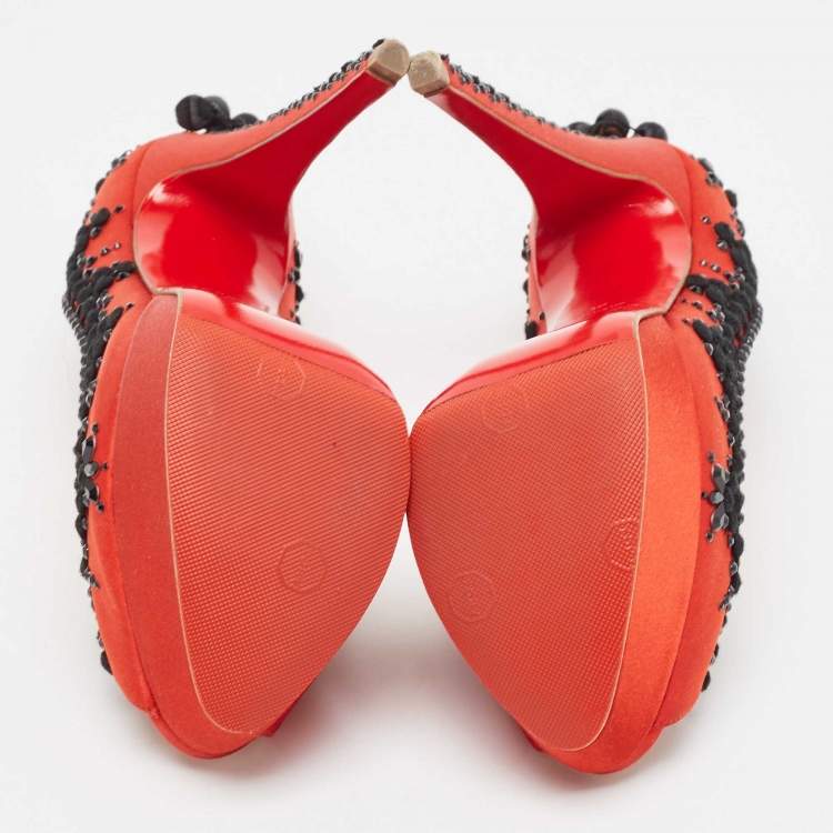 Pre Owned Christian Louboutin Red/Black Satin Torero Peep Toe Platform Pumps Size 36