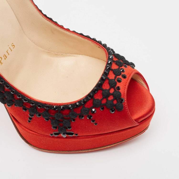 Pre Owned Christian Louboutin Red/Black Satin Torero Peep Toe Platform Pumps Size 36