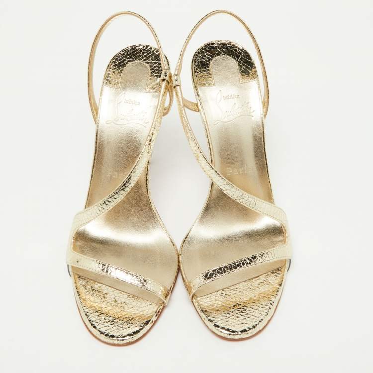 Pre Owned Christian Louboutin Gold Crinkled Patent Leather Rosalie Sandals Size 38.5
