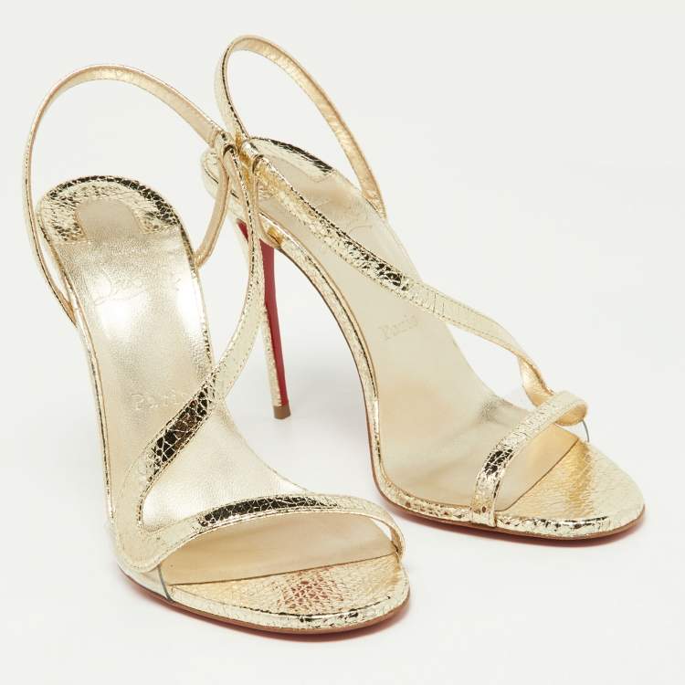 Pre Owned Christian Louboutin Gold Crinkled Patent Leather Rosalie Sandals Size 38.5