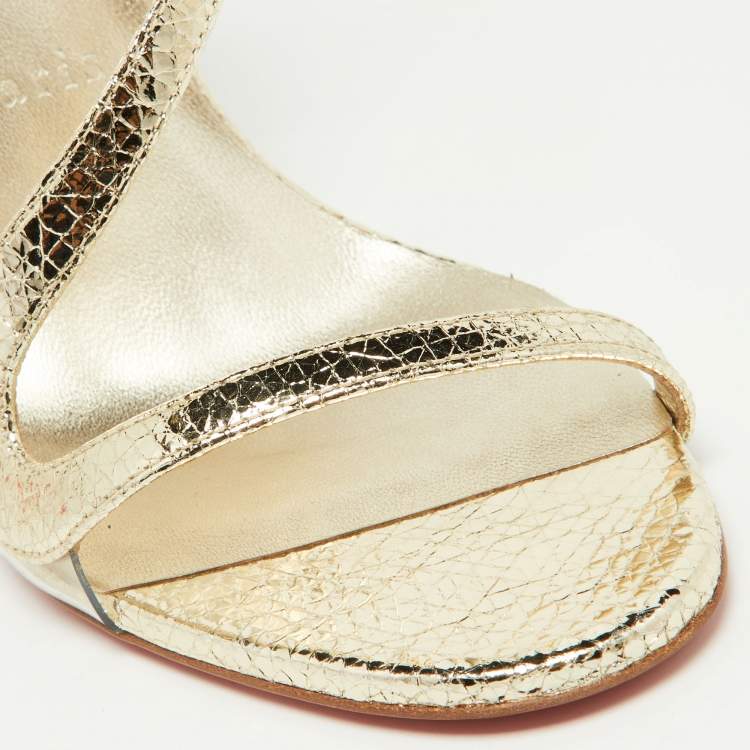 Pre Owned Christian Louboutin Gold Crinkled Patent Leather Rosalie Sandals Size 38.5