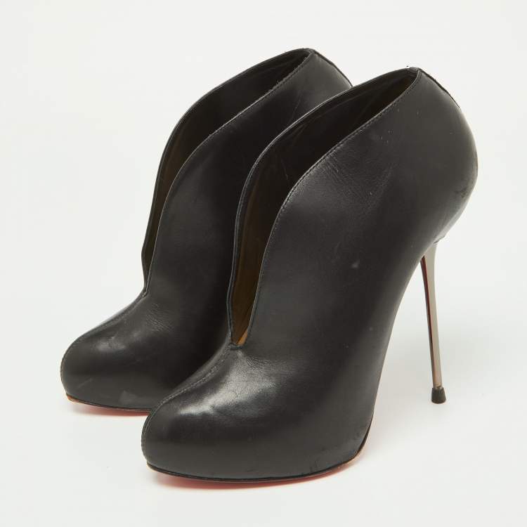 Pre Owned Christian Louboutin Black Leather Miss Fast Plato Platform Ankle Booties Size 38.5