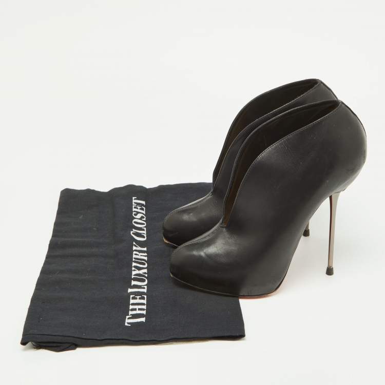 Pre Owned Christian Louboutin Black Leather Miss Fast Plato Platform Ankle Booties Size 38.5