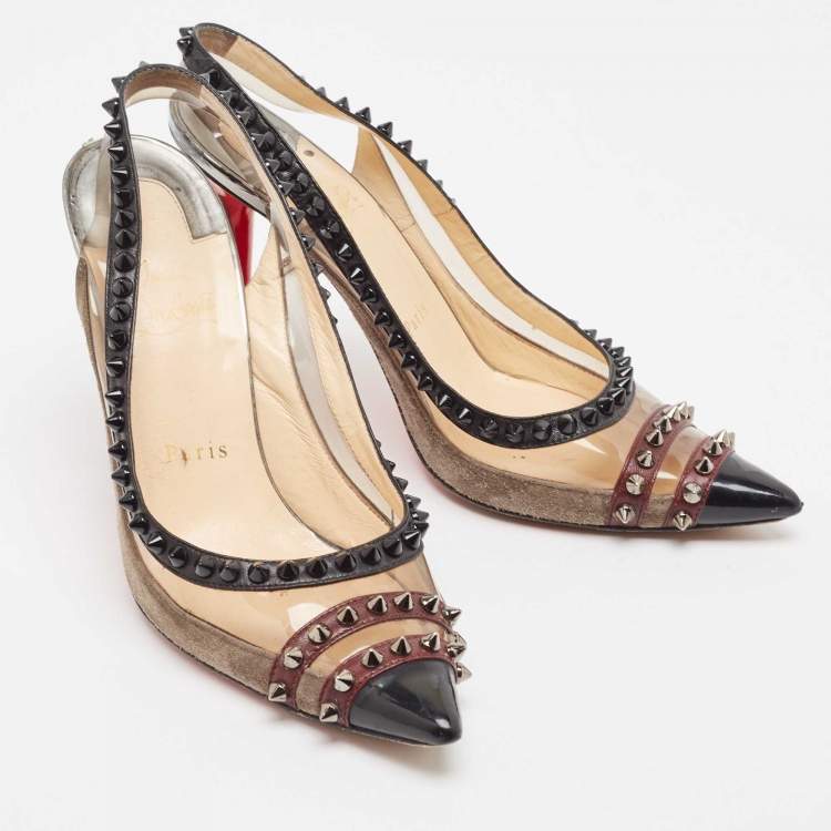 مملوكة مسبقًا Christian Louboutin Tricolor Leather and PVC Spiked Slingback Pumps Size 37