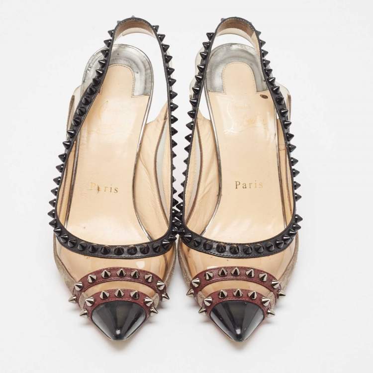 مملوكة مسبقًا Christian Louboutin Tricolor Leather and PVC Spiked Slingback Pumps Size 37