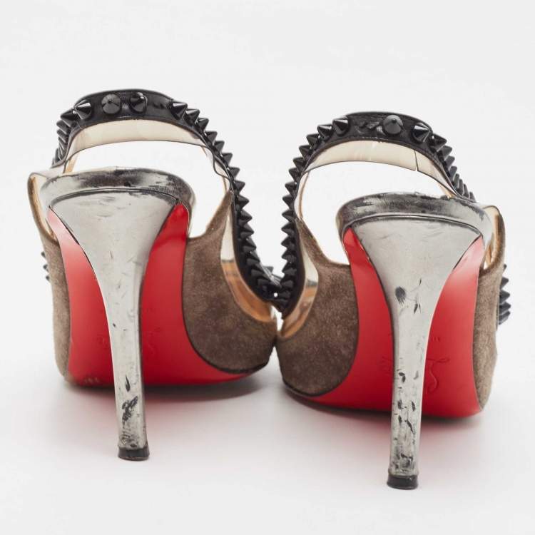 مملوكة مسبقًا Christian Louboutin Tricolor Leather and PVC Spiked Slingback Pumps Size 37