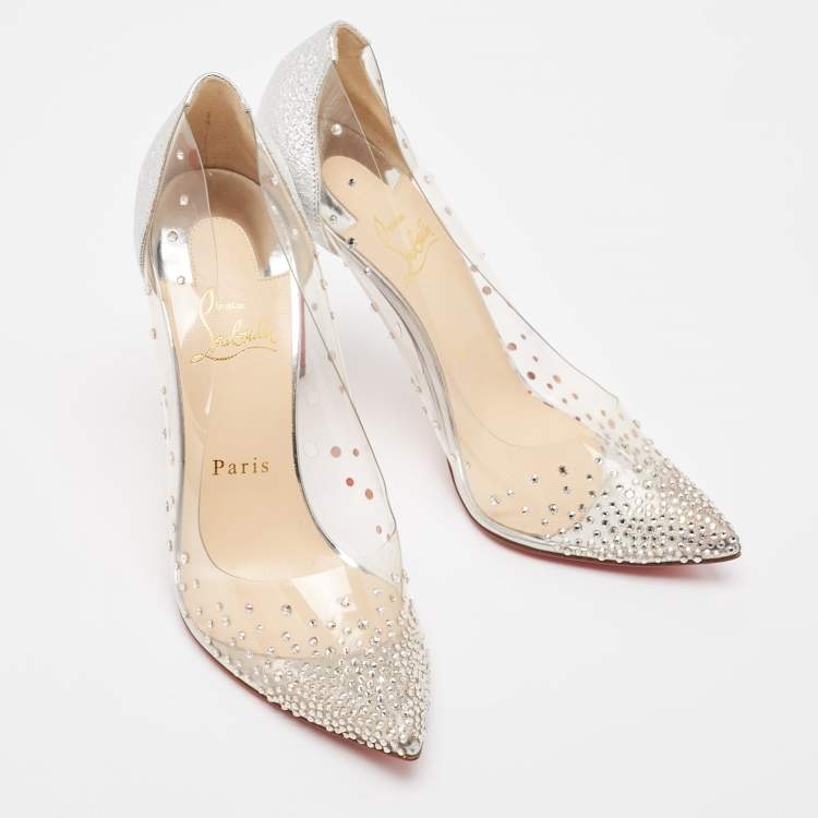 Pre Owned Christian Louboutin Silver Textured Leather and PVC Degrastrass Pumps Size 38.5