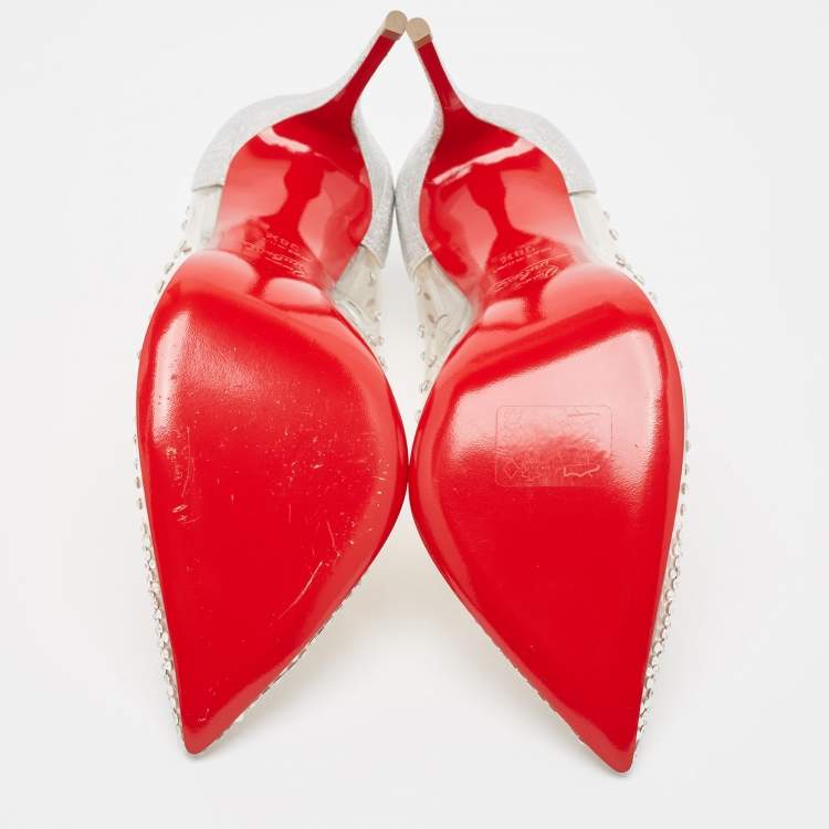 Pre Owned Christian Louboutin Silver Textured Leather and PVC Degrastrass Pumps Size 38.5