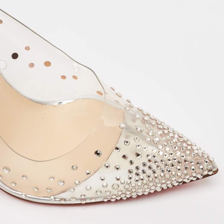 Pre Owned Christian Louboutin Silver Textured Leather and PVC Degrastrass Pumps Size 38.5