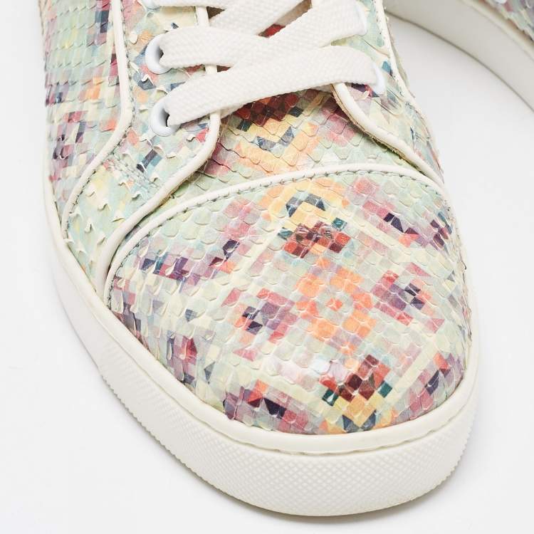 Pre Owned Christian Louboutin Green Pixel Print Embossed Snakeskin Louis High Top Sneakers Size 36