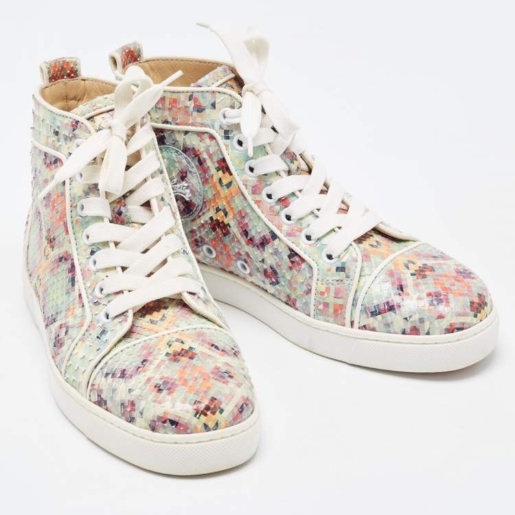 Pre Owned Christian Louboutin Green Pixel Print Embossed Snakeskin Louis High Top Sneakers Size 36