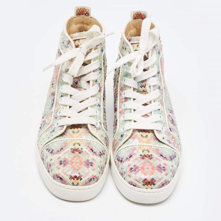Pre Owned Christian Louboutin Green Pixel Print Embossed Snakeskin Louis High Top Sneakers Size 36