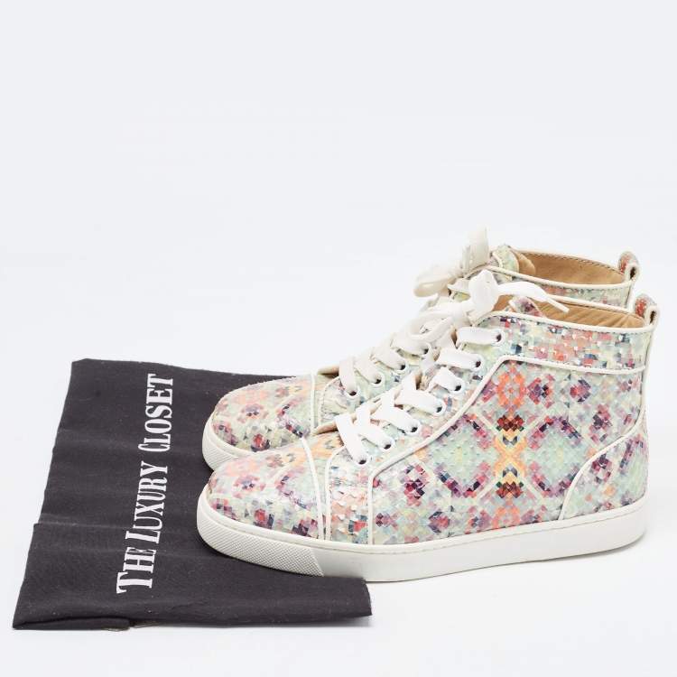 Pre Owned Christian Louboutin Green Pixel Print Embossed Snakeskin Louis High Top Sneakers Size 36
