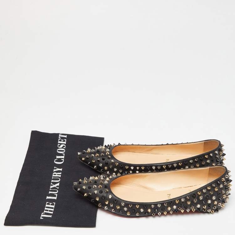 Pre Owned Christian Louboutin Black Patent Leather Pigalle Spikes Ballet Flats Size 39.5