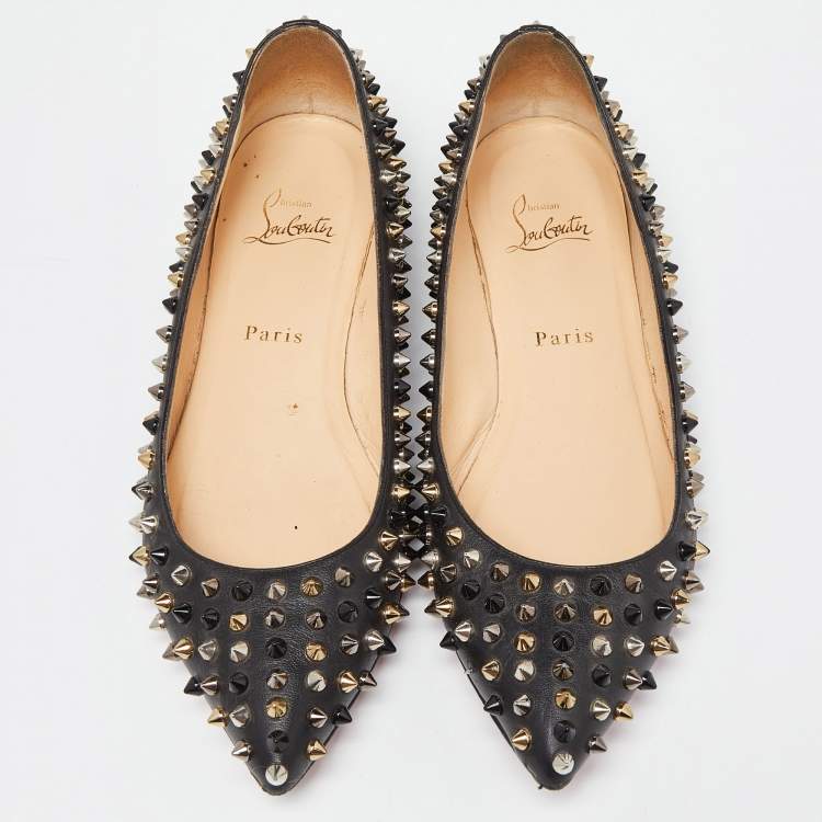 Pre Owned Christian Louboutin Black Patent Leather Pigalle Spikes Ballet Flats Size 39.5