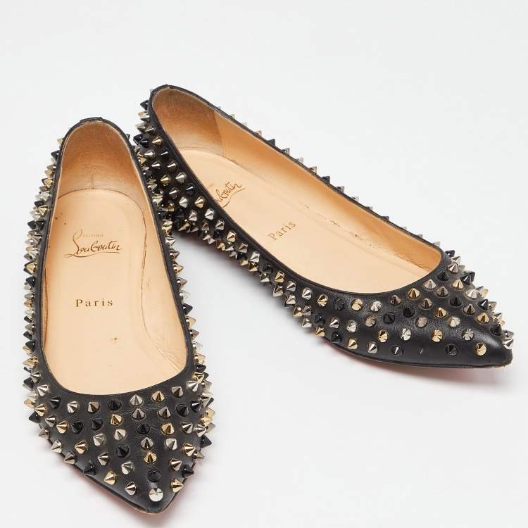 Pre Owned Christian Louboutin Black Patent Leather Pigalle Spikes Ballet Flats Size 39.5