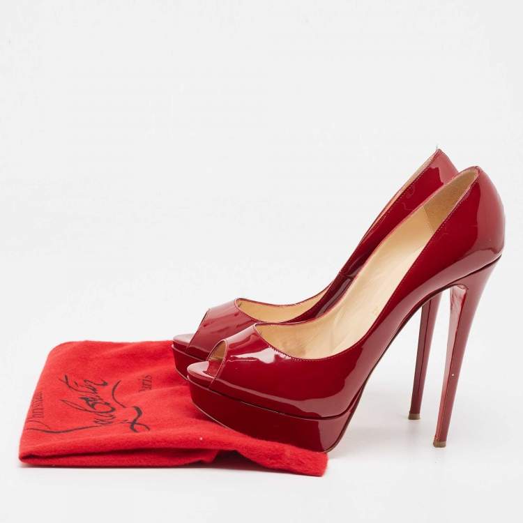 Pre Owned Christian Louboutin Burgundy Patent Leather Lady Peep Pumps Size 39.5