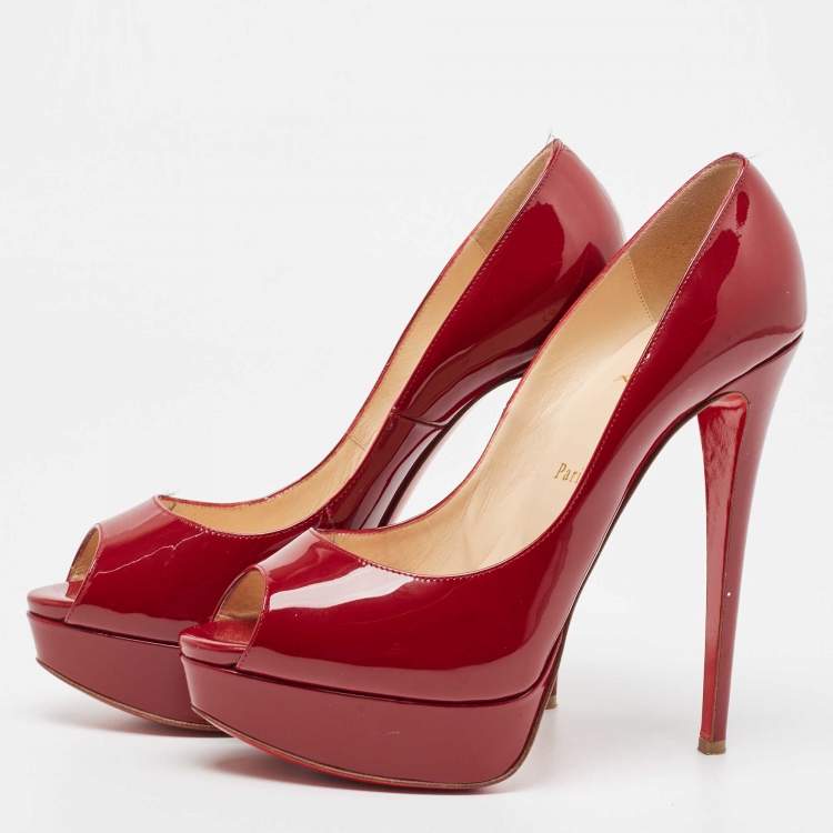 Pre Owned Christian Louboutin Burgundy Patent Leather Lady Peep Pumps Size 39.5