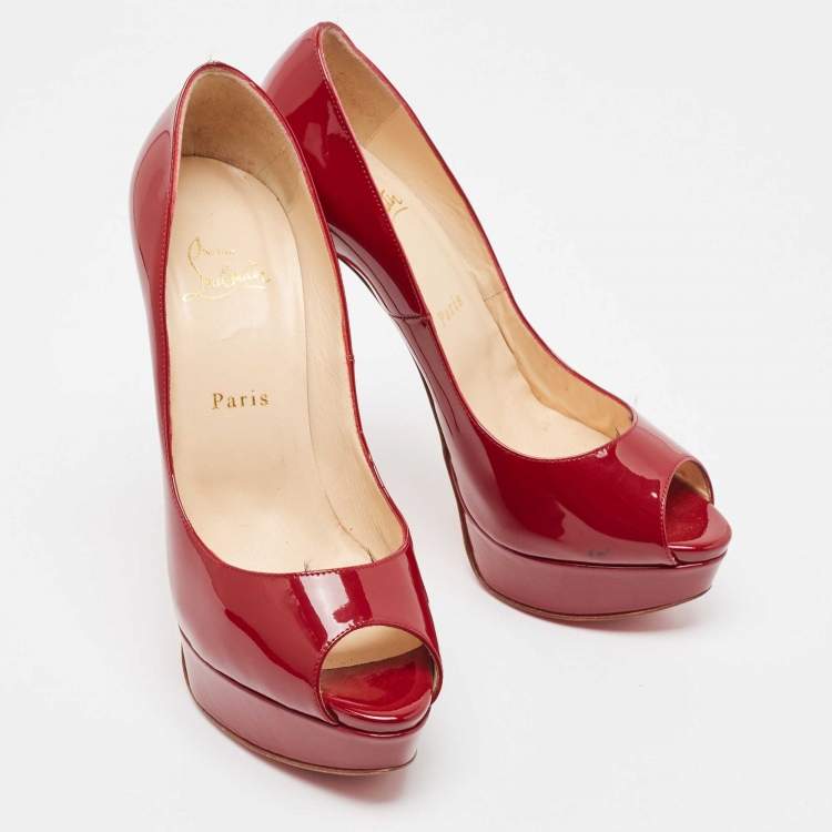 Pre Owned Christian Louboutin Burgundy Patent Leather Lady Peep Pumps Size 39.5