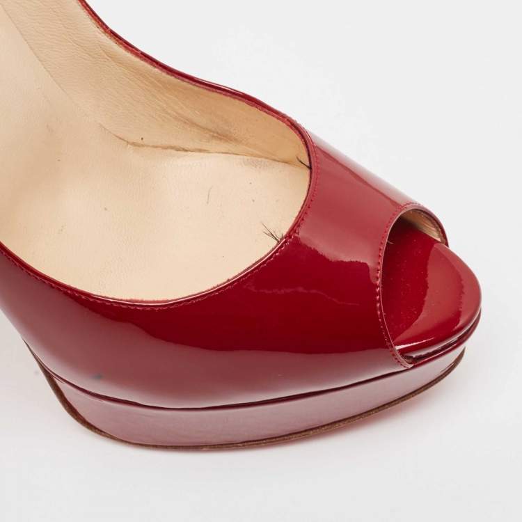 Pre Owned Christian Louboutin Burgundy Patent Leather Lady Peep Pumps Size 39.5