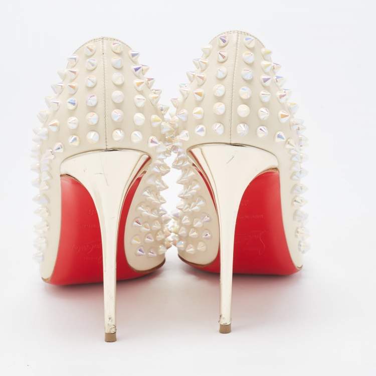 Pre Owned Christian Louboutin Cream Leather Pigalle Spikes Pumps Size 38