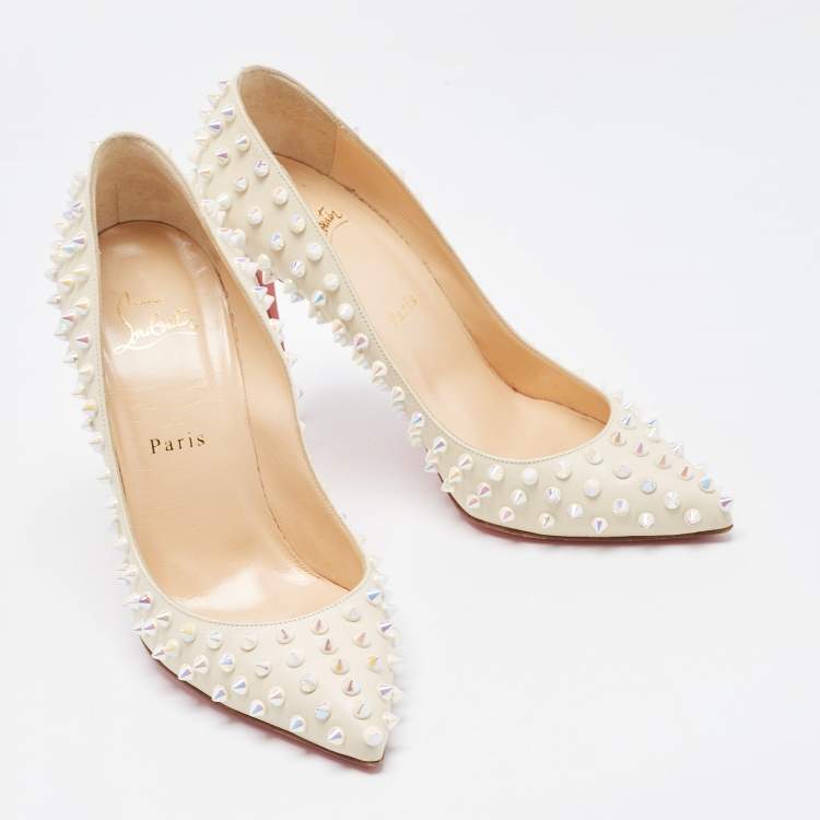 Pre Owned Christian Louboutin Cream Leather Pigalle Spikes Pumps Size 38