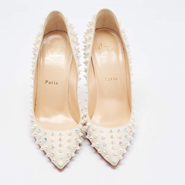 Pre Owned Christian Louboutin Cream Leather Pigalle Spikes Pumps Size 38