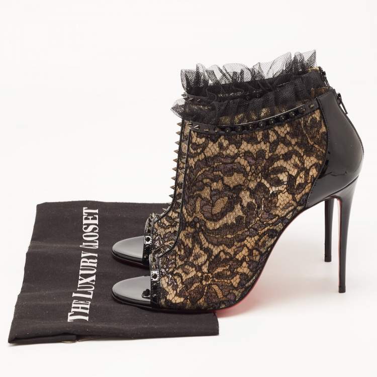 Pre Owned Christian Louboutin Black Lace and Patent Leather Juliettra Booties Size 41