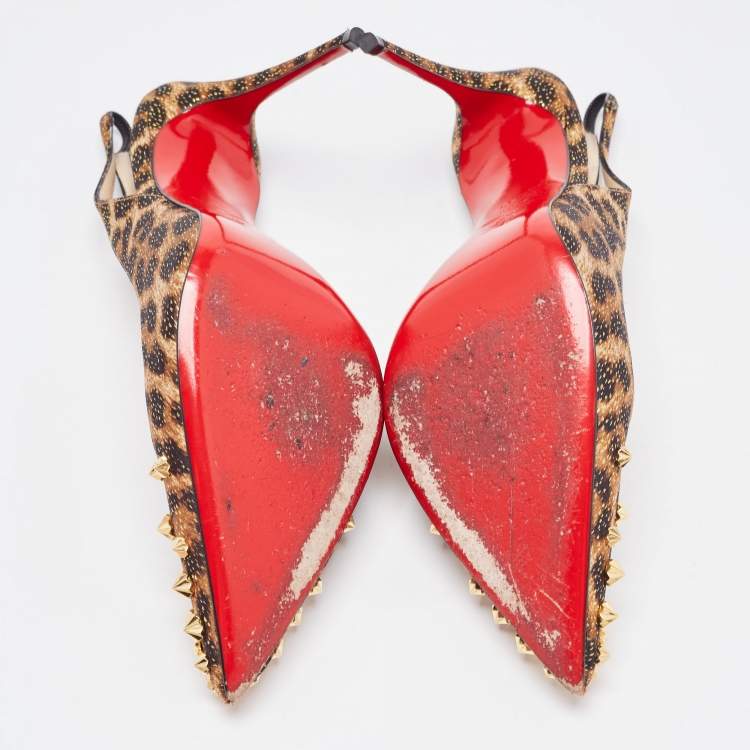 Pre Owned Christian Louboutin Tricolor Leopard Print Satin Spiked Drama Slingback Pumps Size 40