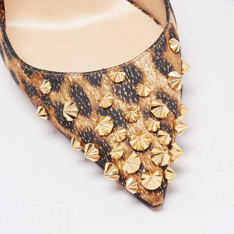 Pre Owned Christian Louboutin Tricolor Leopard Print Satin Spiked Drama Slingback Pumps Size 40
