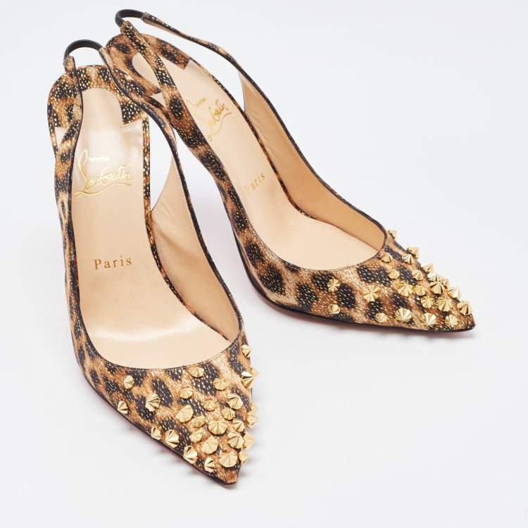 Pre Owned Christian Louboutin Tricolor Leopard Print Satin Spiked Drama Slingback Pumps Size 40