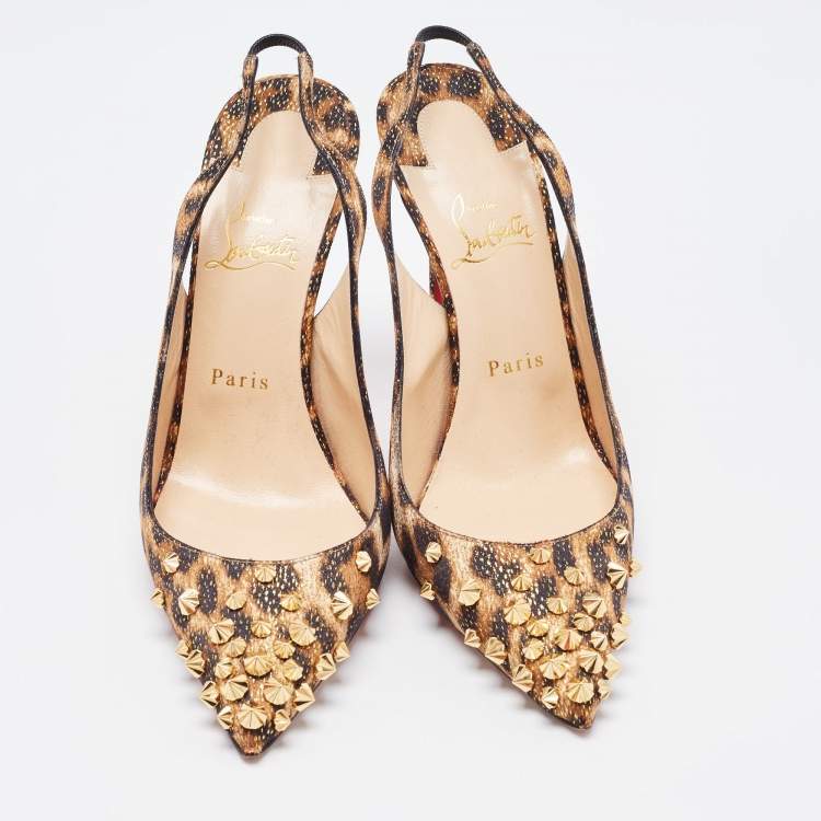 Pre Owned Christian Louboutin Tricolor Leopard Print Satin Spiked Drama Slingback Pumps Size 40