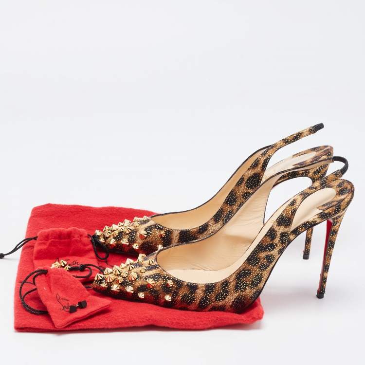 Pre Owned Christian Louboutin Tricolor Leopard Print Satin Spiked Drama Slingback Pumps Size 40