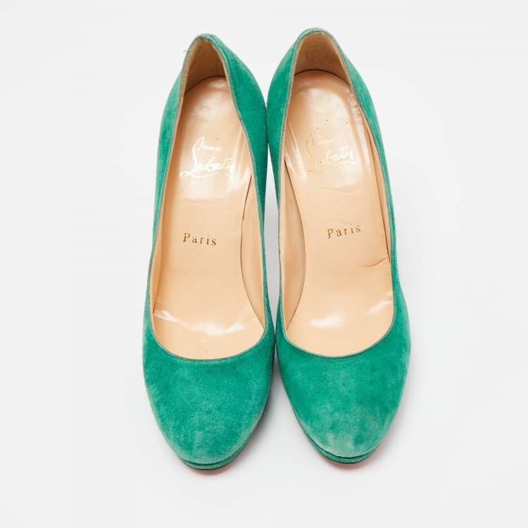 Pre Owned Christian Louboutin Green Suede Round Toe Pumps Size 37.5