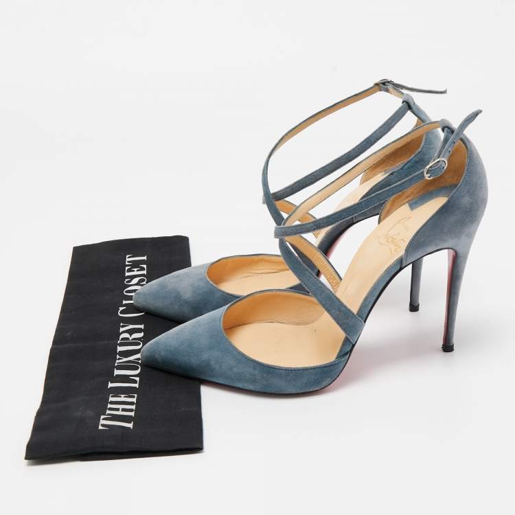 Pre Owned Christian Louboutin Blue Suede Ankle Strap Pumps Size 38