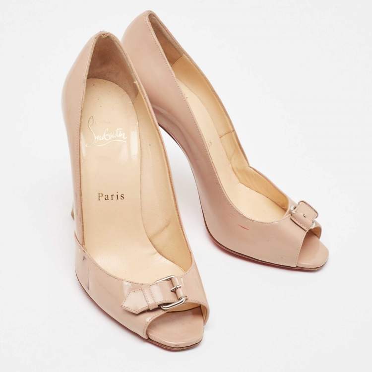 Pre Owned Christian Louboutin Beige Patent Leather Buckle Detail Peep Toe Pumps Size 37.5